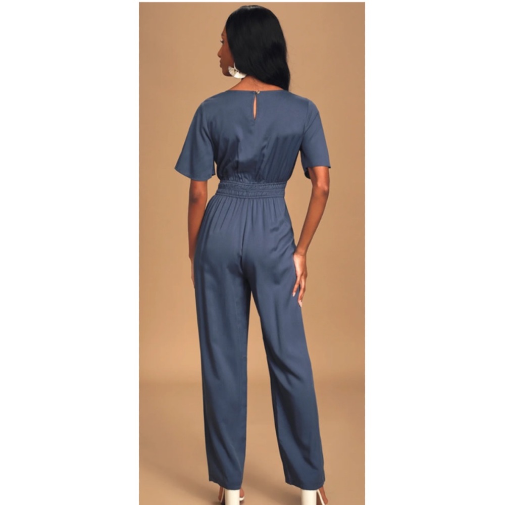 NWT Lulus Here To Love Denim Blue Tie-Front Jumpsuit Size L - Picture 4 of 14